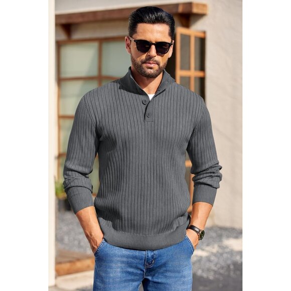 Men's Quarter Button Sweater Long Sleeve Stand Collar Sweater Knitted Dark Grey - Picture 2 of 5